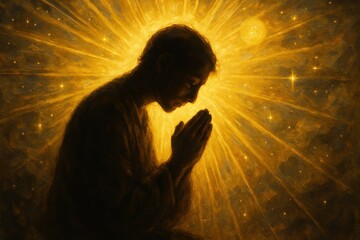 Spiritual devotion artwork depicting figure in prayer with radiant divine light and inspirational atmosphere
