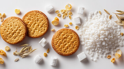 Flat Lay of Biscuits and Puffed Rice on Transparent Background