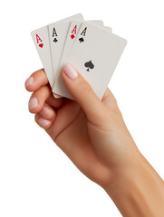 Caucasian female hand holding four aces playing cards, isolated on white or transparent background