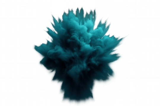 Colorful smoke explosion creating abstract shapes with teal powder on transparent background, perfect for visual effects and motion graphics