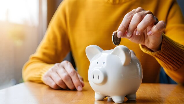 Man hand holding coin and putting on piggy bank on wood table, saving money wealth and financial concept, Business, finance, investment, Financial planning.