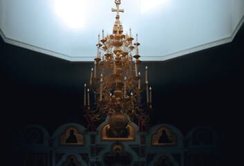 church chandelier under the ceiling of the temple