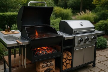 Premium Grill Master Setup with Glowing Charcoal and High-Quality Barbecue Equipment for Outdoor Cooking