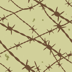 Gritty grunge pattern featuring layered textures and worn-out effects in muddy brown and olive green against a rusted metal background, accented with broken glass and barbed wire.