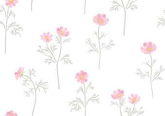 Hand-Painted Pink Cosmos – Seamless Watercolor Pattern – Repeating Floral Design