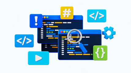 3D floating dark blue code windows, computer interface, white background