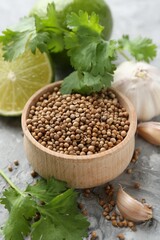 Coriander seeds, fresh cilantro, lime and garlic on grey textured table, closeup