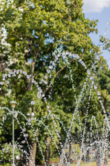 Arcing jets of water spraying from a fountain in a park with green trees and blue sky in the background.
