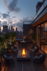 Luxury Rooftop Terrace with Fire Pit and City Skyline View at Dusk