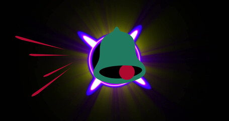 Fototapeta premium Flashing green bell icon in abstract space, with red dot, purple stars, green halo, red streaks