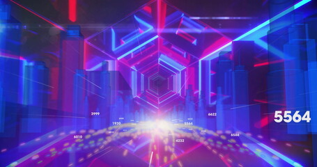 Extending neon-lit hexagonal frames glowing through digital corridor, with floating numeric data