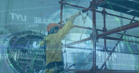 Factory worker in coverall adjusting harness tether on red scaffolding in plant with data overlays