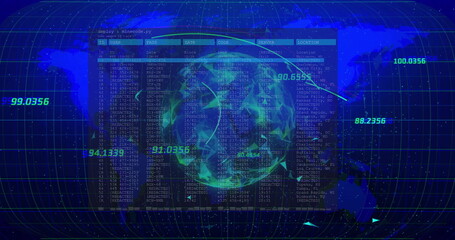 Displaying rotating neon globe on data dashboard with code window, map grid and numeric overlays