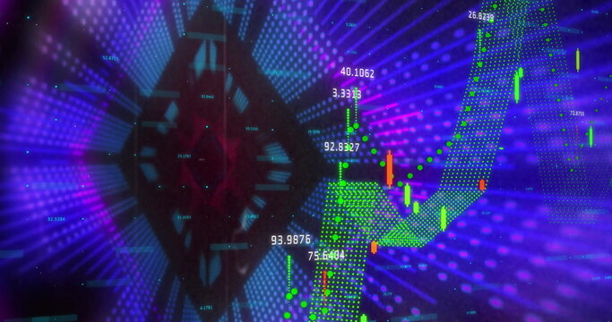 Highlighting green arrow rising in 3D space, with candlestick bars and numerical labels on hexagon