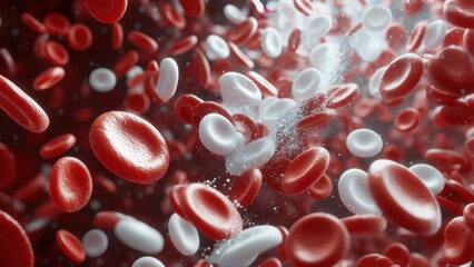 Red and White Blood Cells Flowing with Platelets, Microscopic View