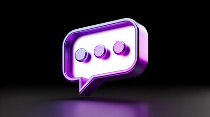 3D glossy speech bubble, purple-white gradient, chrome edges, typing dots, black background