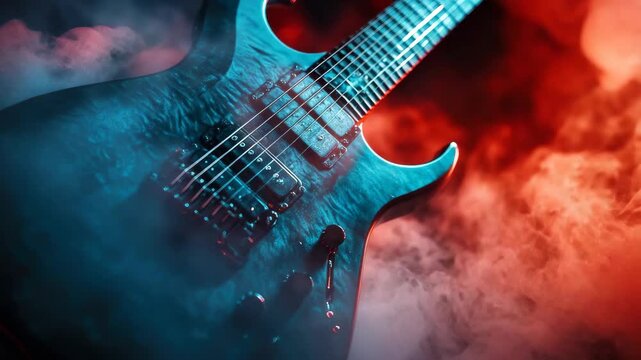 Electric guitar with smoky, vibrant backdrop emphasizing instrument's sleek design