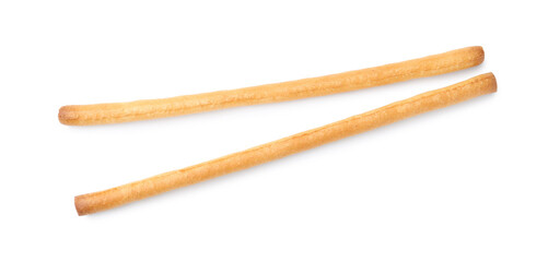 Two delicious grissini sticks isolated on white, top view