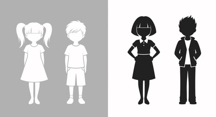 Vector illustration of children and teenagers as white outlines and black silhouettes, representing different age groups.