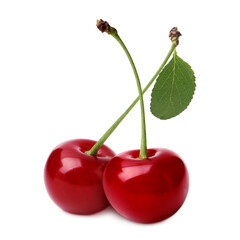 Red juicy cherries isolated on white. Summer fruit