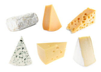Variety of cheeses isolated on white, set