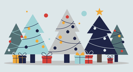 Fototapeta premium Flat style Christmas illustration with three decorated pine trees and gift boxes. Festive holiday scene for greeting cards, winter designs, social media and seasonal banners.