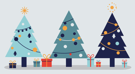 Flat style Christmas illustration with three decorated pine trees and gift boxes. Festive holiday scene for greeting cards, winter designs, social media and seasonal banners.