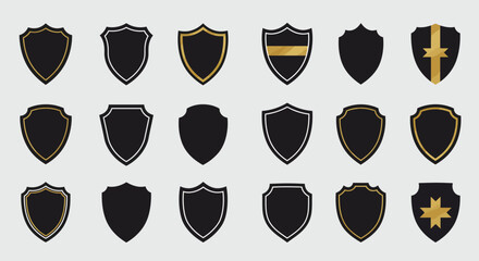 Elegant outline shield frame collection in gold and silver on dark background. Luxury emblem and badge templates for premium logo, security symbol, heraldic design and branding