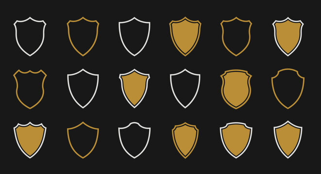 Elegant outline shield frame collection in gold and silver on dark background. Luxury emblem and badge templates for premium logo, security symbol, heraldic design and branding