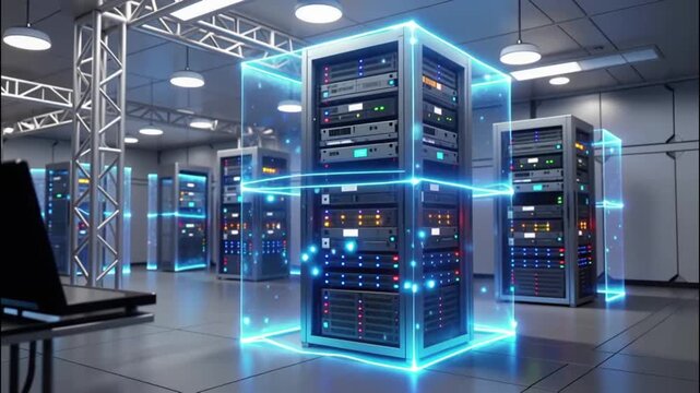 A stylized server room with glowing security barriers protecting the data racks.
