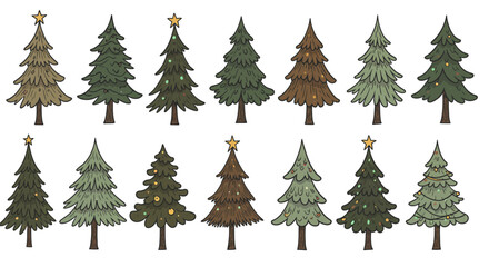 Obraz premium Set of hand-drawn Christmas tree illustrations in various styles, decorated with stars and ornaments. The collection includes both classic evergreen pines and stylized holiday trees, perfect for festi