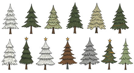 Set of hand-drawn Christmas tree illustrations in various styles, decorated with stars and ornaments. The collection includes both classic evergreen pines and stylized holiday trees, perfect for festi