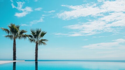 Fototapeta premium Serenity by the Pool: Two Palm Trees Framing an Infinity Pool Overlooking a Calm Ocean Under a Blue Sky