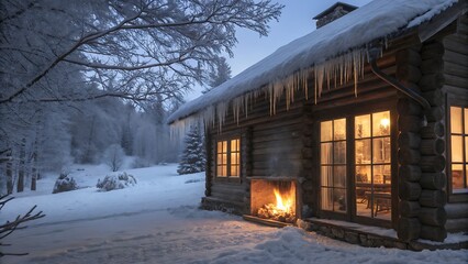 A cozy log cabin in a snowy landscape with icicles and a warm fireplace glowing outside