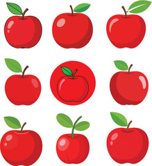 Nine cartoon apples in various styles, a colorful and playful vector illustration
