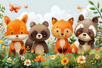 Naklejka premium Cartoon forest creatures sitting among colorful flowers high resolution picture