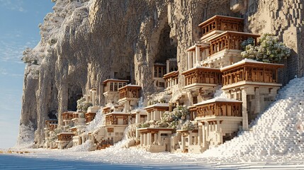 Snowy mountainside village nestled in carved caves