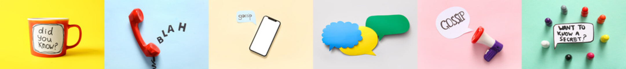 Creative collage for concept of gossiping on color background