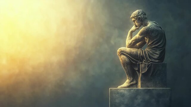 Marble statue of thinking man against dramatic background with light and shadow interplay