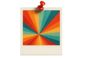 Red push pin securing a vibrant, colorful retro photo against a transparent background, capturing a nostalgic burst of 70s and 80s design