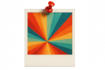 Red push pin securing a vibrant, colorful retro photo against a transparent background, capturing a nostalgic burst of 70s and 80s design