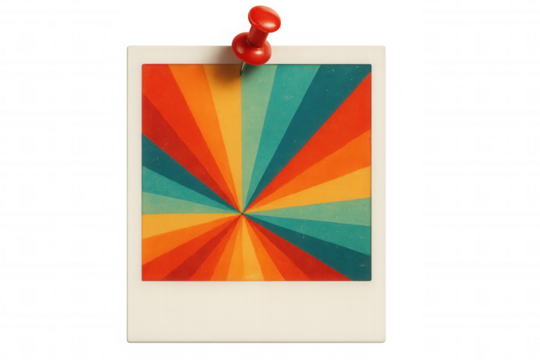 Red push pin securing a vibrant, colorful retro photo against a transparent background, capturing a nostalgic burst of 70s and 80s design