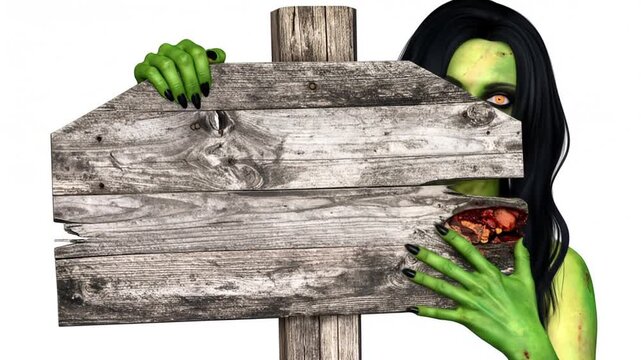 The Ghastly Greeter: A ghastly figure lurks, peeking from behind a weathered wooden sign, offering a chilling welcome and a glimpse of the eerie unknown. 