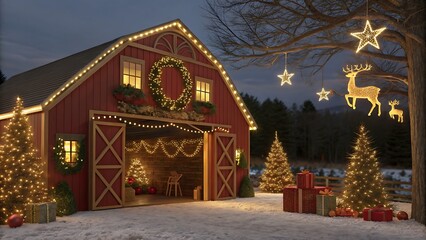 Fototapeta premium A christmas decorated barn with lights, trees, presents, and reindeer decorations outside