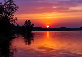 sunset on lake, meadow, field, city, sea