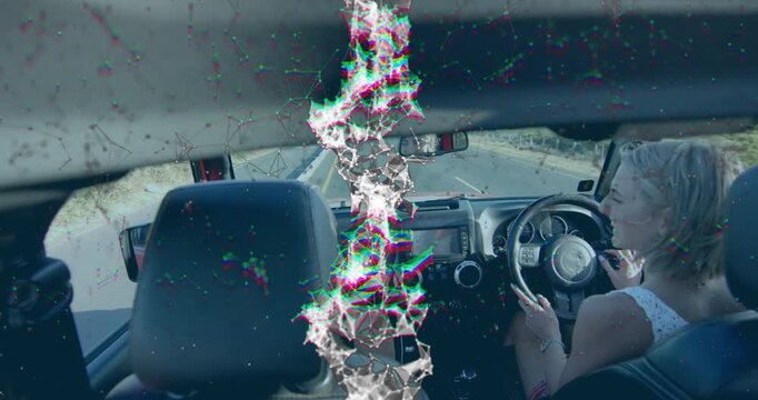 Fractal glitch pulsing windshield starting map icons while driver steering auto and tapping phone