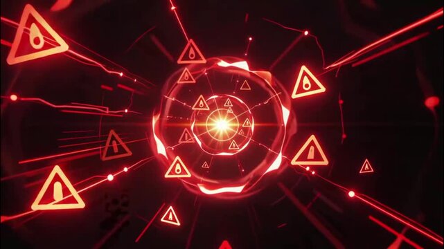 An abstract visual of a cyberattack. Red warning symbols and broken lines converge on a central, glowing data point.
