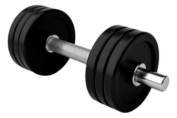 Black adjustable metal dumbbell isolated on transparent background for fitness, strength training, gym exercise and bodybuilding concepts