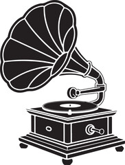 Retro Phonograph Line Art Set Side Angle, Spiral Horn Detail, Antique Audio Theme