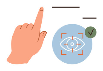 Hand gesture aiming at blue eye recognition target surrounded by scan lines and green verification mark. Ideal for biometrics, security, authentication, validation, technology, access control, simple